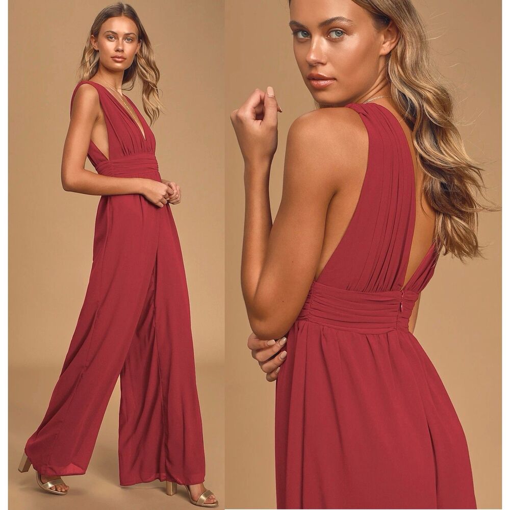 Burgundy Chiffon Wide Leg Jumpsuit Ruched Plunge Low V Open Back Formal Lulus XS